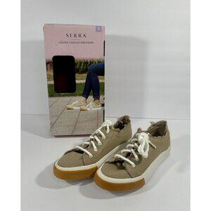 Serra Canvas Memory Foam Tan Distressed Edges Lace Up Shoes Sneakers Sz 8 EUC